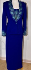 PreOwn-St John 2pc Maxi Skirt Jkt Suit/Slit/Peacock Detail Royal Blue -Sz 8/10