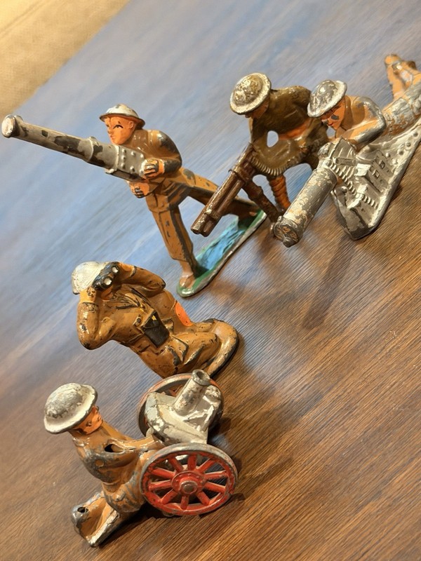 Vintage Lead Artillery Toy Soldier Figures Lot of 5 Cannon Machine Gun Mortar
