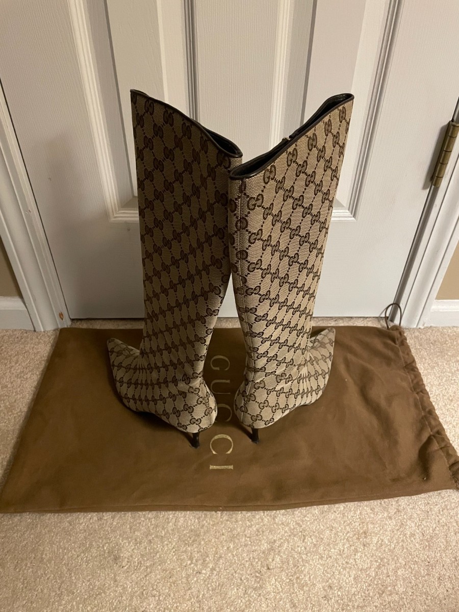 Authentic Gucci GG Monogram Canvas Knee High Boots Pointed Toe Zip