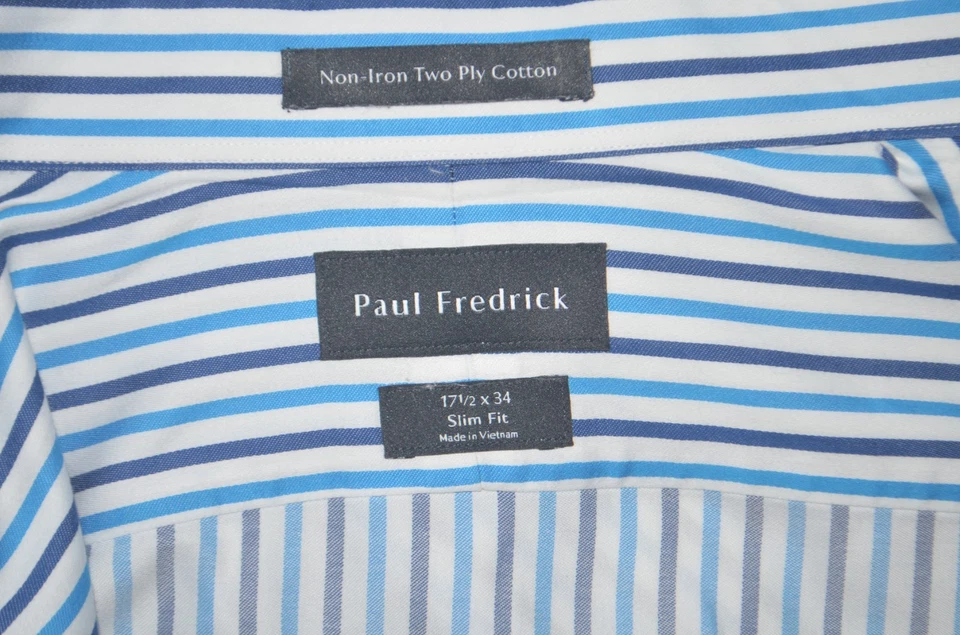 PAUL FREDRICK Slim Fit Non Iron Blue French Cuff Cotton Dress Shirt 17.5 - 34 - Image 3 of 4