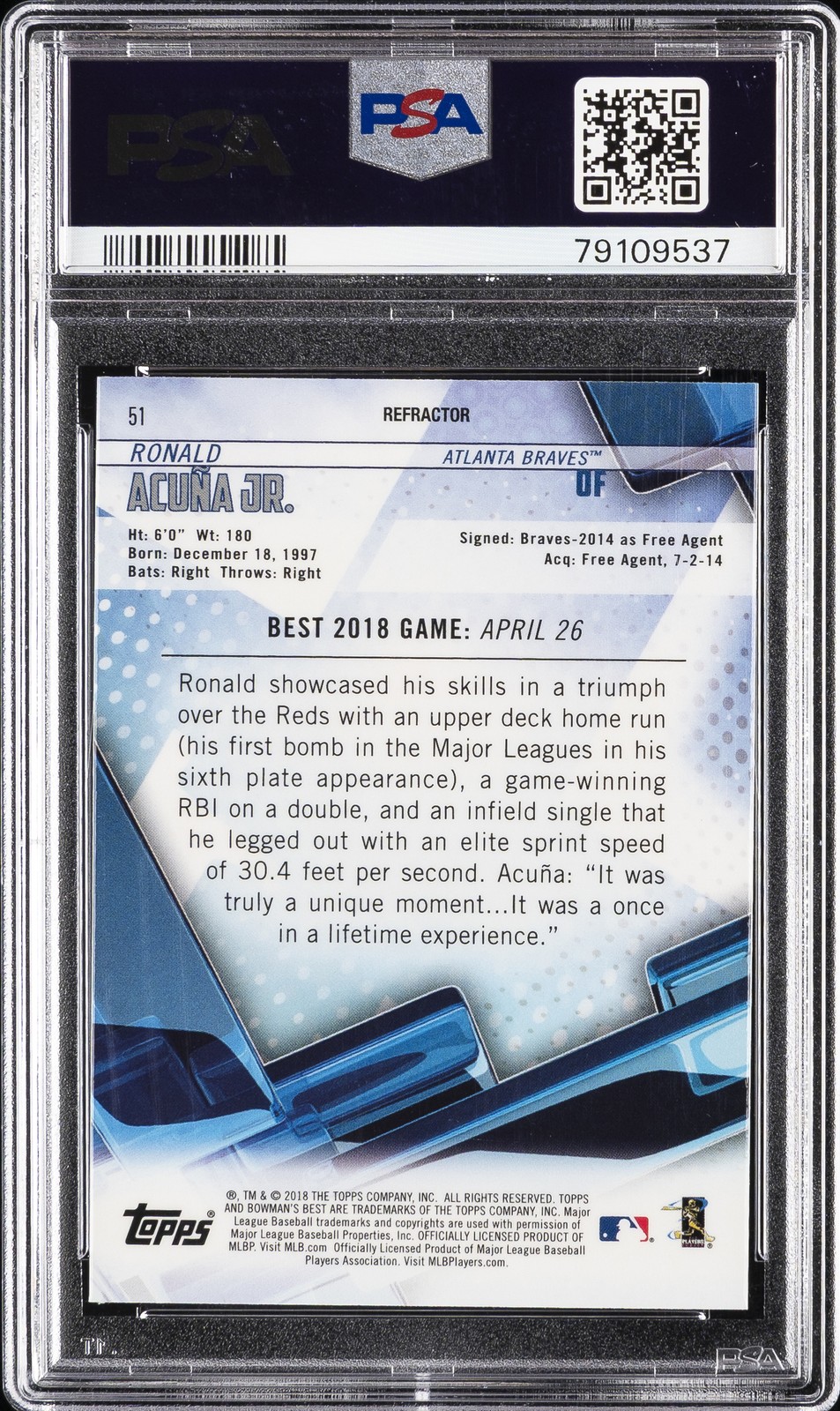 2018 BOWMAN'S BEST REFRACTOR #51 RONALD ACUNA JR. ROOKIE RC PSA 10 view 2