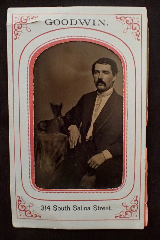 CIRCA 1860-1900  TINTYPE MUSTACHED MAN TINY DOG ON A LEASH NICE  COMPOSITION