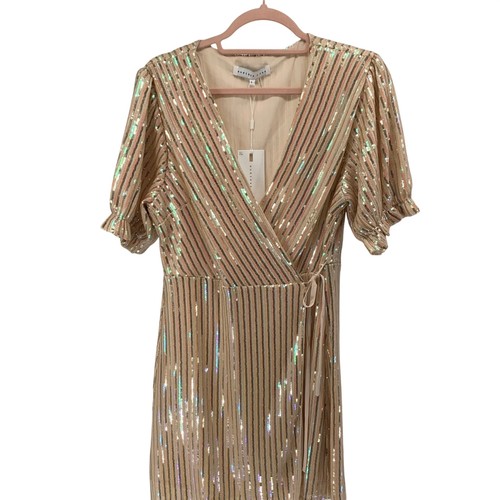 Endless Rose Sequin Striped Wrap Dress Gold Iridescent V-Neck Puff Sleeve Large