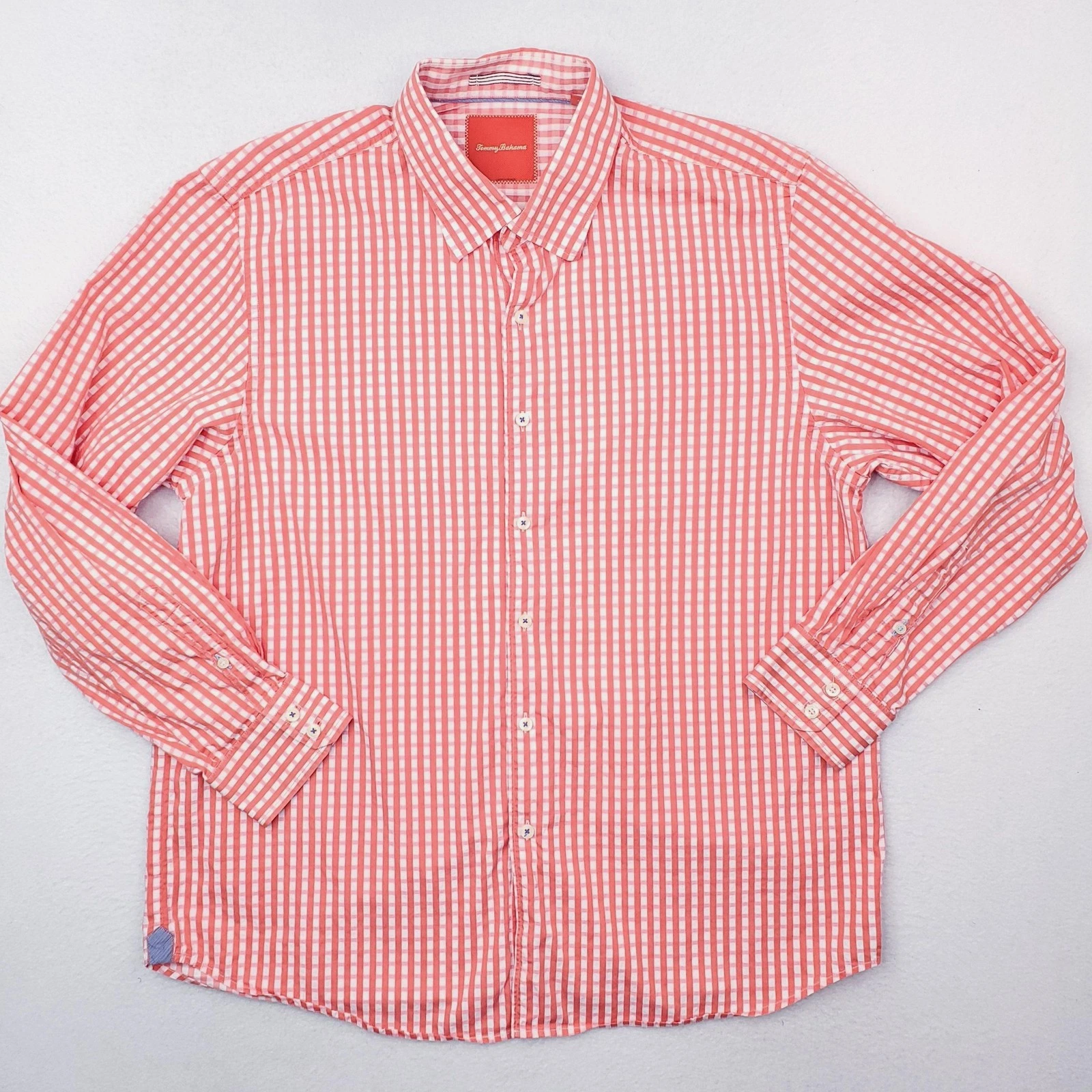 Tommy Bahama Shirt Men XL Pink Peach Gingham Plaid Checked Button Up Long Sleeve