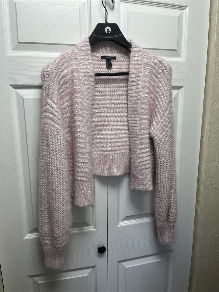 Forever 21 Chunky Knit Crop Cardigan Bishop Sleeve Ribbed Pink White ...
