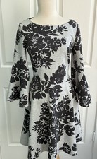 Vince Camuto Floral Ponte Gray Black Dress w/Bell Sleeves Fit Flare Sz 6