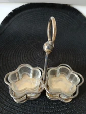 Antique Sterling Silver Double Salt Cellar Caddy With Heavy Glass Pieces