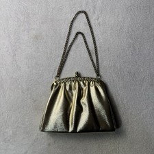 VTG Gold Faux Leather Clamshell Purse Bag Clutch Chain Strap Clasp Small Glam