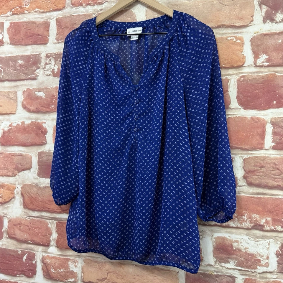 Camisa de Carrera Liz Claiborne Top Mujer Pequeña Alta Azul Blanca Mini Floral Informal Foto 3 de 4