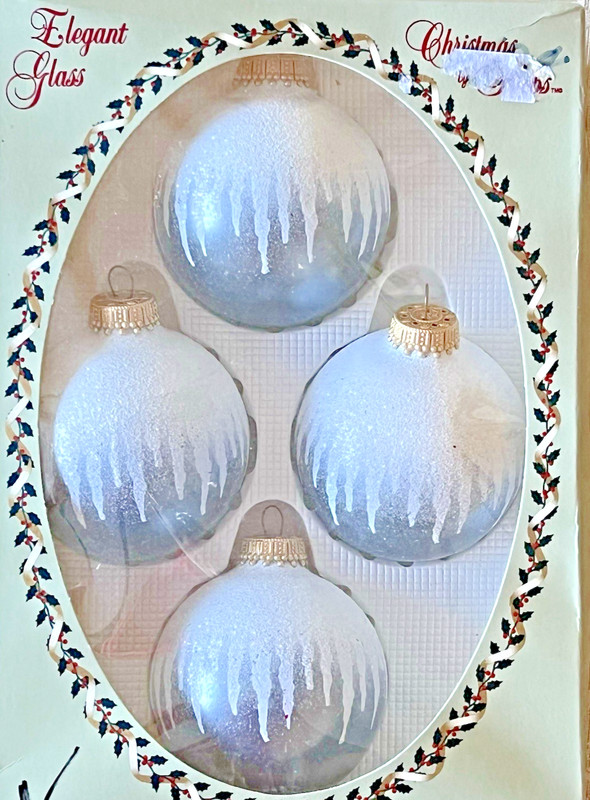 Box of 4 VTG Krebs Gray Glass Ball Ornaments w/Melting Snowcap Glitter Icicles