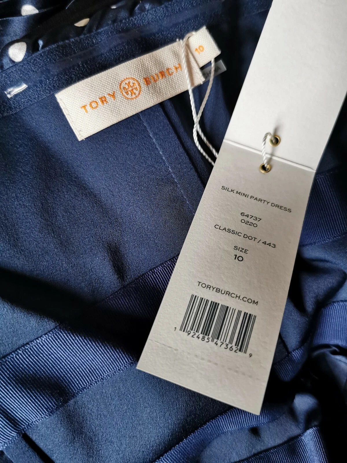 Abito da cocktail Tory Burch Boutique spalle fredde in seta blu navy a pois UK 14 (NUOVO CON ETICHETTE)