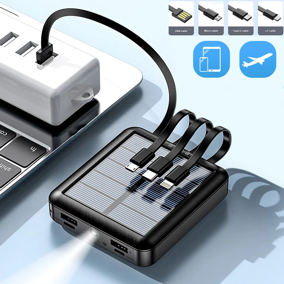 4000000mAh 太阳能移动电源 快速充电器 外置电池 LED 灯 带 4 个电缆 — 第 4/4 张图片