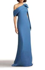 Tadashi Shoji Cadet Blue One-Shoulder Bow Detail Crepe Gown Size 2 378