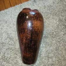 Vintage Hand Built Pottery Vase Copper Toned Signed 11"