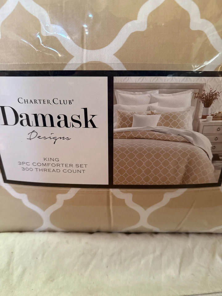 Juego de edredón 3 piezas King Charter Club beige 300 hilos paloma geométrica $200 Foto 4 de 4
