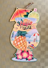 Hello Summer Beach Pineapple Drink Party Decor Glitter Wall Door Porch Sign NEW