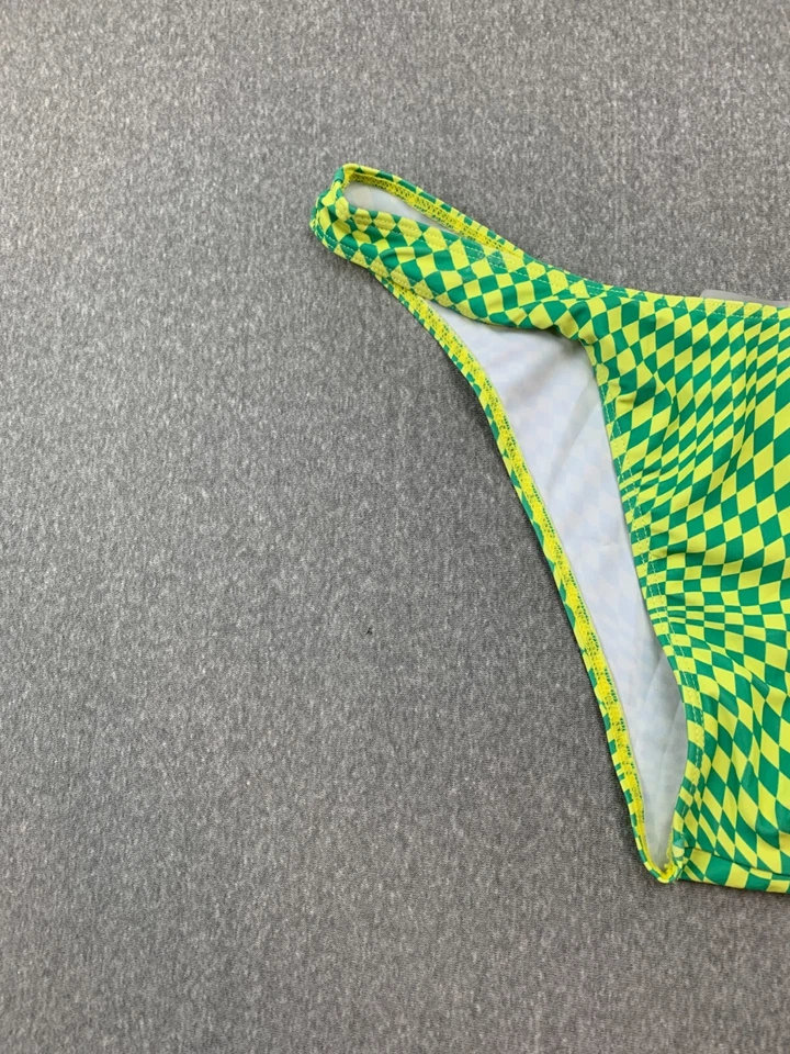 High Cut V Front Bikini Tankini Swimsuit Bottoms Women size M Yellow Green Check - Image 3 of 4