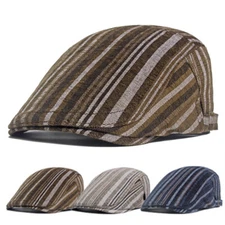 Men Retro Stripe Cotton Peaked Flat Cap Duckbill Gatsby Trucker Ivy Driving Hat