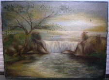 Vintage Tonalist Primitive Oil Painting Waterfall