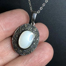 5101 Vntg Sterling signed FAS 925 Oxidized MOP Locket pendant 16" Necklace 7.6g