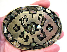 VINTAGE SILVER INLAID ABALONE BELT BUCKLE MEXICO 2 1/4 X 3 INCHES
