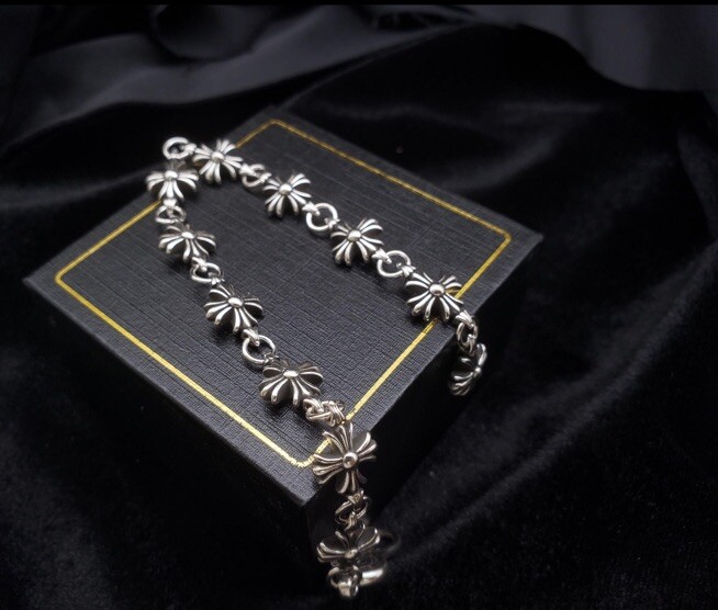 Chrome Hearts Style Cross Flower Bracelet 925 Silver Emo Punk Grunge