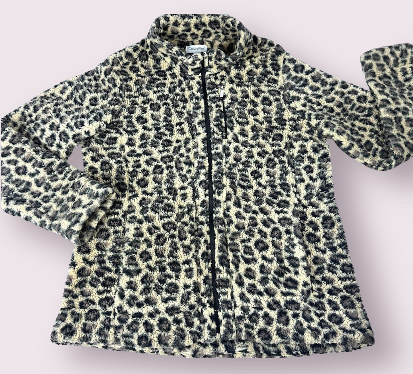 Calvin Klein Fleece Jacket Full Zip Cheetah Leopard Soft Fuzzy Womens