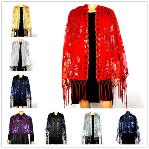 Donna Ricamo Lustrini Scialle Sciarpa Mantella Rete Lucido Nappa Abito da  Sera | eBay