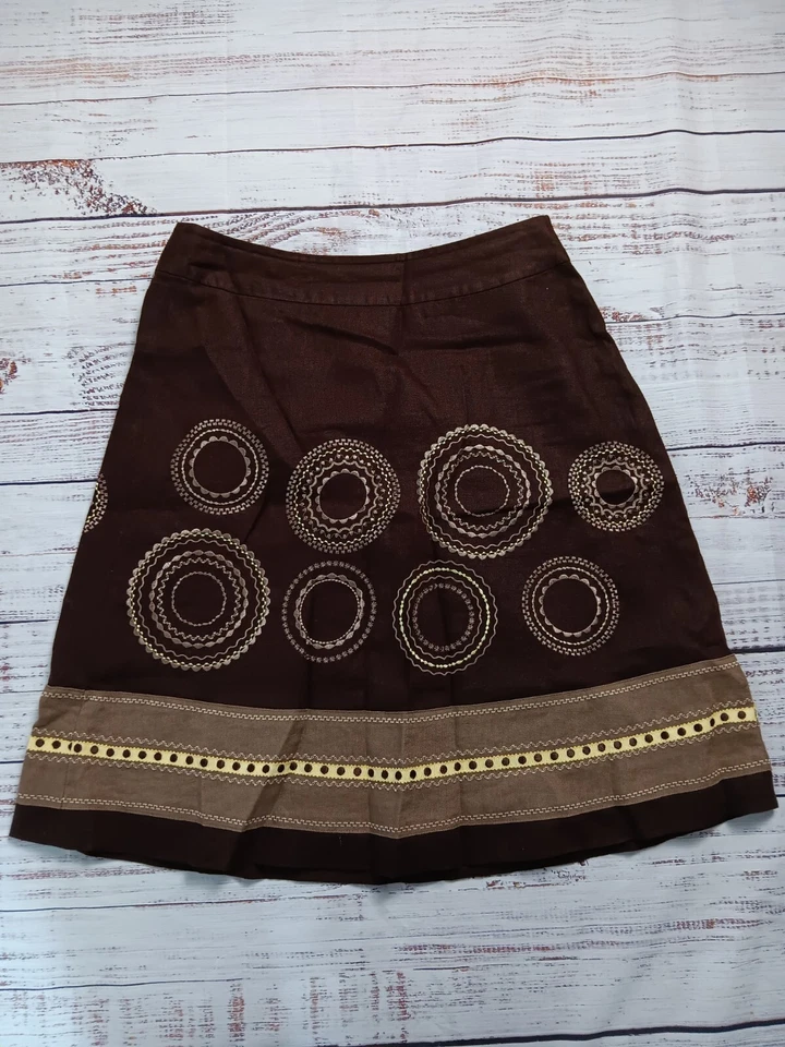 Falda Talbots Mujer’s 6 Marrón Midi Bordada Lino Línea A Forrada Cremallera Foto 2 de 4