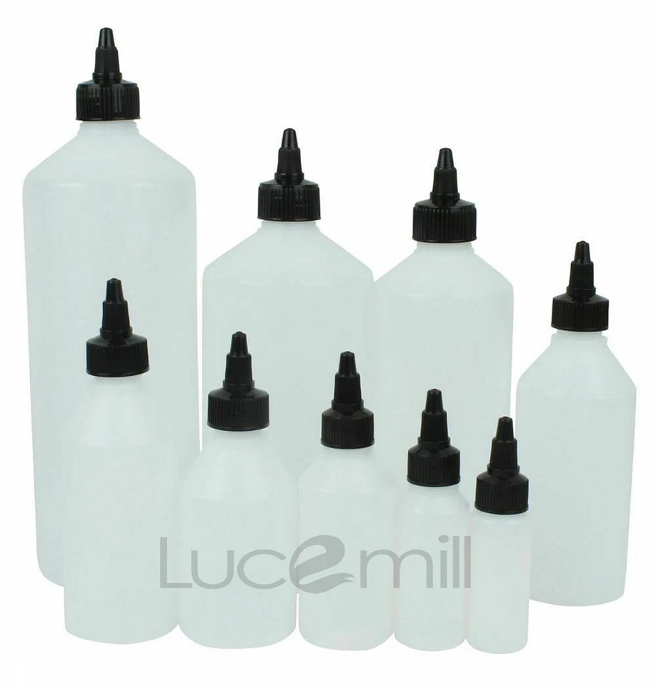 EXPRESS CHEMS HDPE Plastic Bottles & BLACK TWIST TOP Nozzle Dropper Caps 30ml To 1 Litre