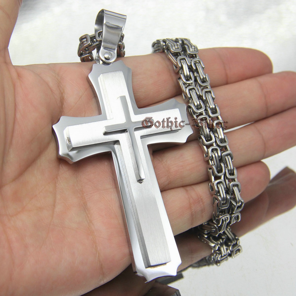 Men's Big Heavy Solid Christian Cross Pendant Necklace Silver Tone