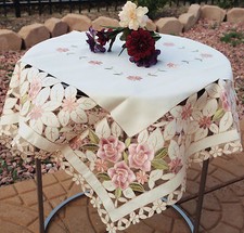 Vintage Embroidered Floral Hand Cut Table Topper/Runner/Doily Ivory 36x36" RD/SQ