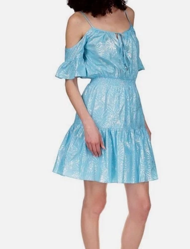 Abito Michael Kors Tg XL Blu Argento Metallizzato Spalla Fredda Nuovo Con Etichetta