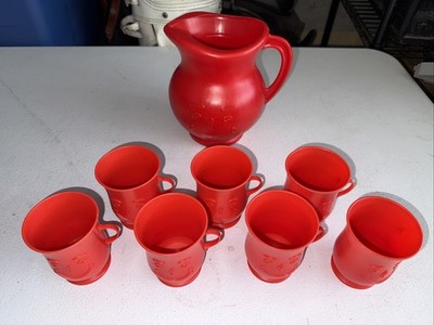 Vintage 7 Piece RED SMILING KOOL AID plastic 2 qt Pitcher and 6 Cups