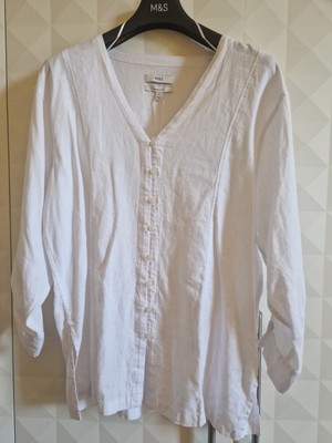 M&S LONGLINE/ EASYFIT WHITE LINEN RICH BLOUSE/ KAFTAN. SIZE 16. NWT 