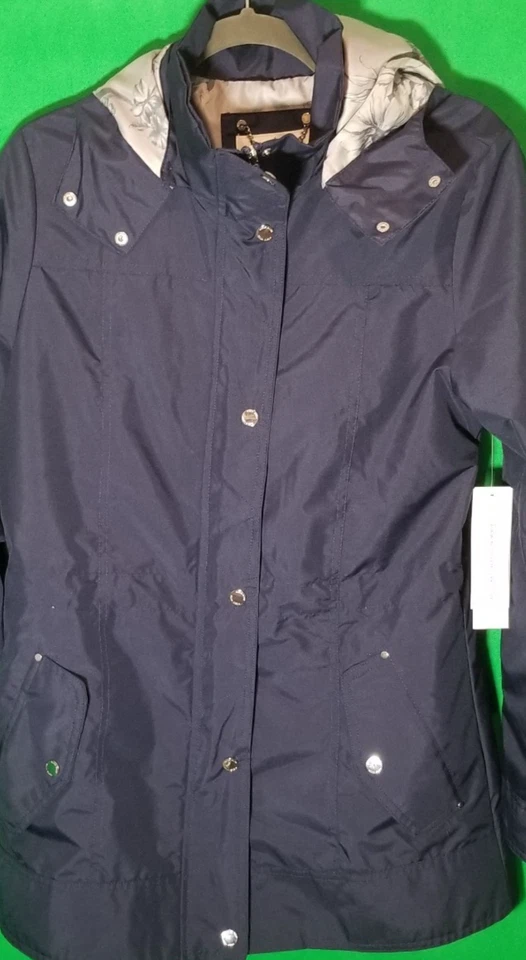 Abrigo de lluvia Nicole Miller New York para mujer azul marino mediano resbaladizo anorak Windcheater nuevo con etiquetas Foto 3 de 4