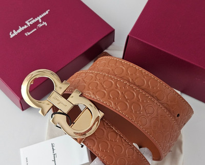 Salvatore Ferragamo Belt Men Brown Leather Gold Silver Buckles  Size 85-105