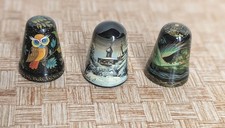 Lot of 3 Vintage Russian Lacquer Thimbles - Signed Olga Zueva & Mstera -Folk Art
