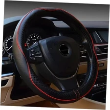 LABBYWAY Microfiber Leather Steering Wheel Cover, Universal Black with Red line