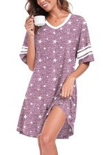 Womens Nightgown Short Sleeves Nightshirt Casual Print Sleep Dress Gowns for ...