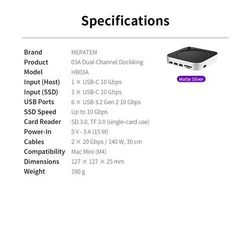 For Mac Mini M4 M.2 NVMe SSD 4TB Max 10Gbps USB-A Ports SD&TF USB Splitter Dock - Afbeelding 3 van 16