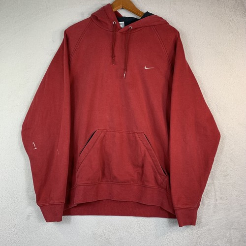 Nike, Vintage Nike Hoodie Mens XL Red Pullover Fleece Small Swoosh Kangaroo Sweatshirt