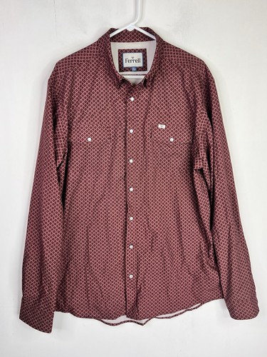 Ferrell Brand Men's XL Western Vented Pearl Snap Long Sleeve Maroon Geometric - Picture 2 of 10