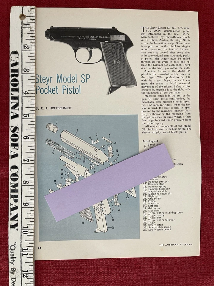 Pistola de bolsillo Steyr modelo SP 1966 anuncio impreso diagrama esquemas piezas leyenda Foto 3 de 3