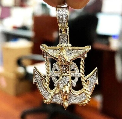 1.60Ct Real Moissanite Jesus Cross Mariner Anchor Pendant 14K Yellow Gold Plated