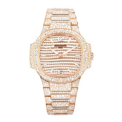 Patek Philippe Nautilus Watch 35MM Diamond Pave Index Hour Markers Dial Rose ...