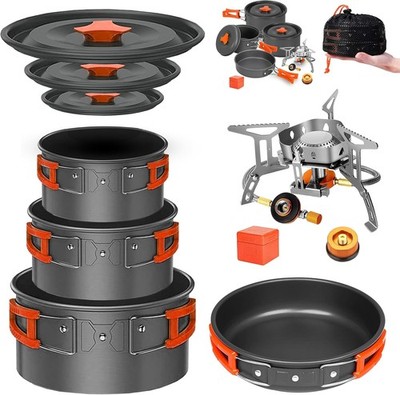 Camping Cookware Mess Kit Set with Stove - Backpacking Camping Pots and Pans Set