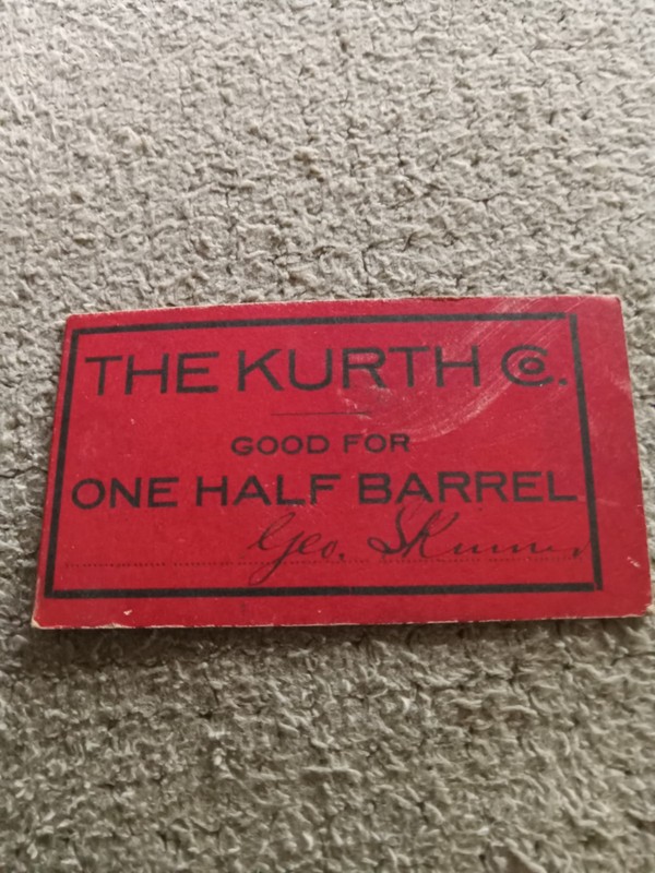 KURTH BREWING CO. COLUMBUS, WISCONSIN TRADE TOKEN ONE HALF BARREL