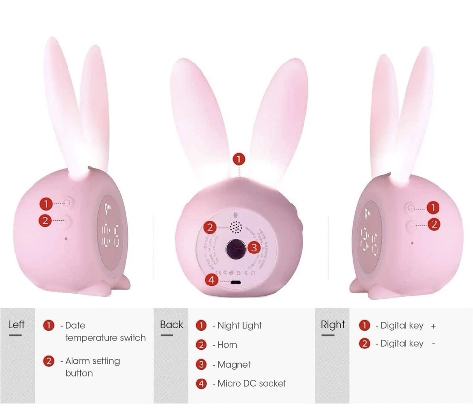Lindo Reloj Despertador Digital LED Oreja de Conejo Electrónico USB Control de Sonido Noche de Conejo Foto 4 de 4
