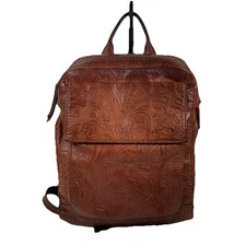 American Leather Co Liberty Backpack Brown Tooled Soft Leather Bag Front Pocket